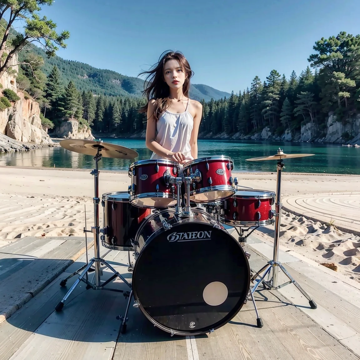 1girl, outdoor, drum, playing drum,  beach, day, 

masterpiece, best quality, 8k