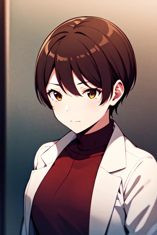 <lora:AguriYukimuraR4:0.7>, AguriYukimuraR4, 1girl, short hair, brown hair, brown eyes, looking at viewer, portrait, white background, labcoat, simple background,