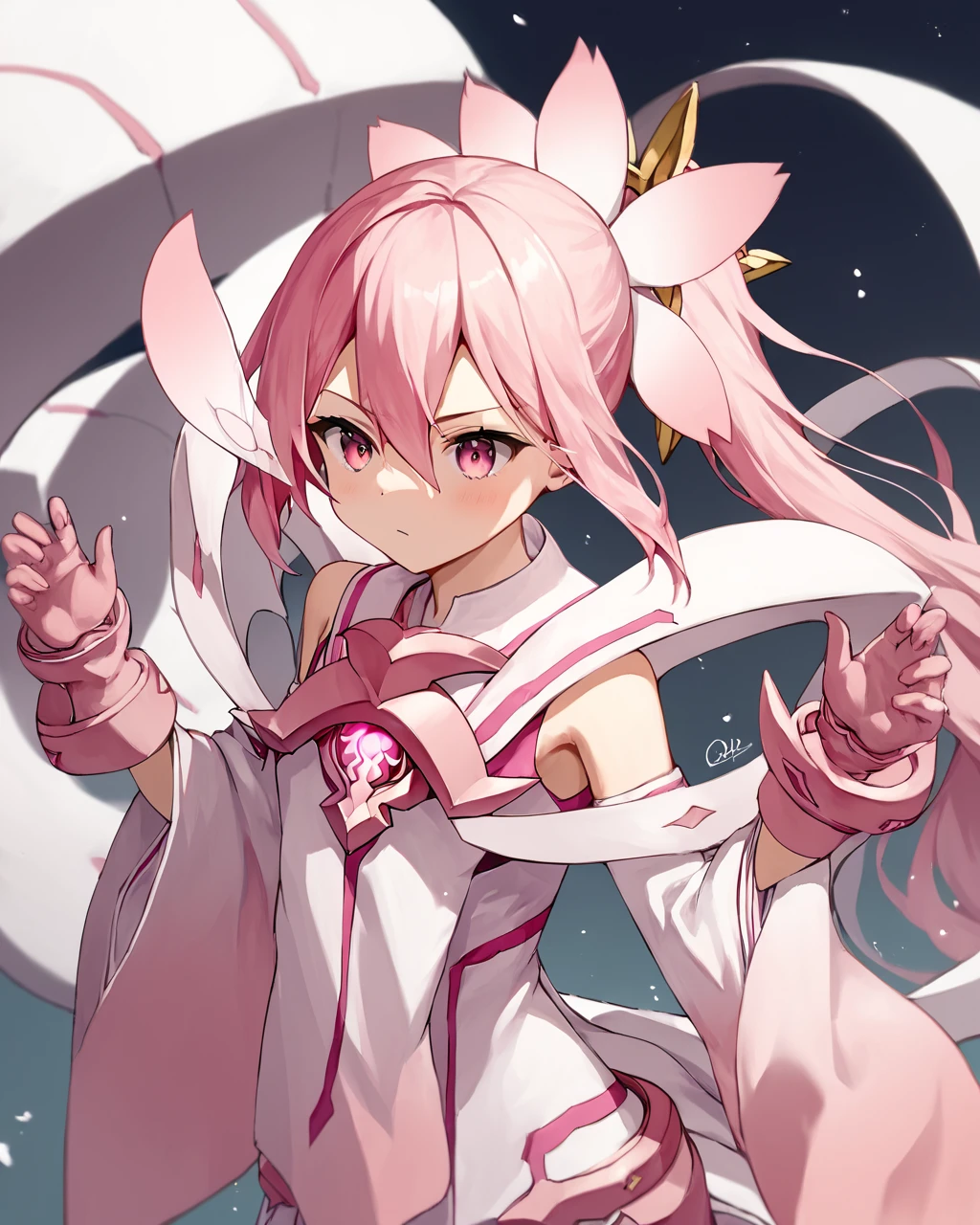score_9, score_8_up, score_7_up, score_6_up, score_5_up, score_4_up, BREAK source_anime,
<lora:Yuuki_Yuna_Mankai_PONY:1>,magical girl,1girl, solo, long hair,pink eyes,side ponytail,pink hair,hair between eyes,hair ornament, gloves, thighhighs, detached sleeves,bare shoulders,