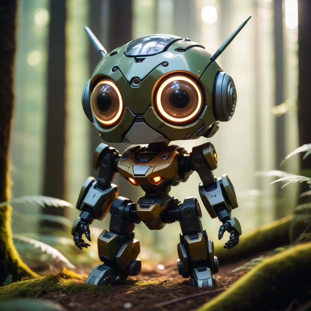 (MECHA:) Medium shot, Adorable creature with big reflective eyes, moody lighting, best quality, full body portrait, real picture, intricate details, depth of field, in a forest, fujifilm xt3, outdoors, bright day, beautiful lighting, raw photo, 8k uhd, film grain, unreal engine 5, ray tracing