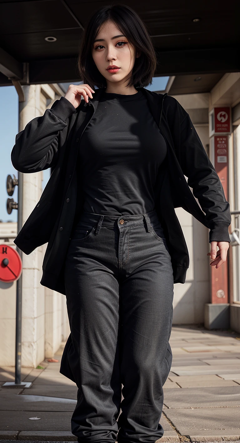 1girl, lariroche, coat jacket, tshirt, portrait, upper body, makeup, eyeliner, black pants, full body, outdoors, street, road, city,