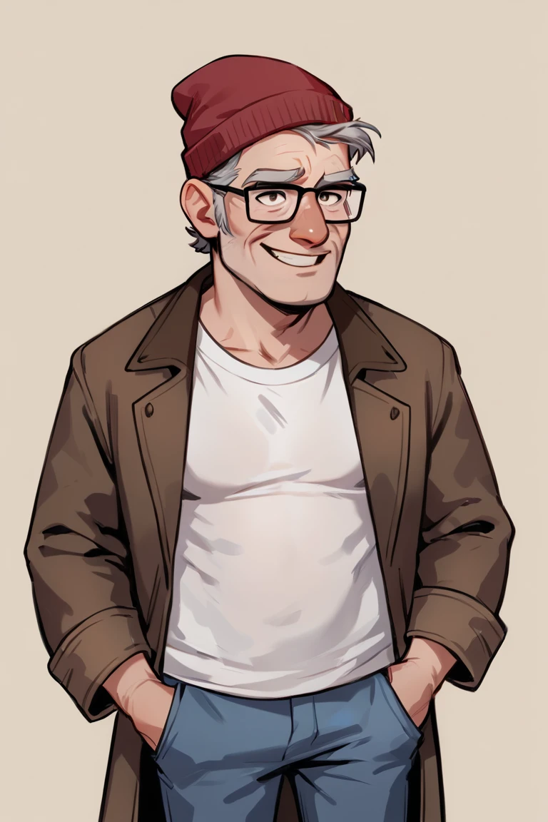 score_9, score_8_up, score_7_up, stanpines, 1boy, solo, male focus, mature male, old man, short hair, grey hair, brown eyes, thick eyebrows, glasses, black-framed eyewear, facial hair, stubble, sideburns, smile, red beanie, white t-shirt, blue pants, coat, standing, cowboy shot, simple background <lora:Stanley (Stan) Pines v1.0 SDXL_LoRA_Pony Diffusion V6 XL:0.7> <lora:Smooth Anime 2 Style SDXL_LoRA_Pony Diffusion V6 XL:0.8>