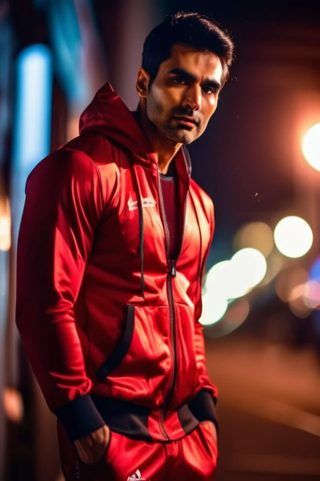 <lora:ishwak-singh_Sendhil-Ramamurthy:0.8> Sendhil Ramamurthy a man, realistic photo in a worn ((red tracksuit)), ((light bokeh)), intricate, (steel metal [rust]), elegant, sharp focus, photo by greg rutkowski, soft lighting, vibrant colors, (masterpiece), ((streets)), (detailed face), looking at viewer, light smile, night, walking towards viewer, cinematic lighting, beautiful lighting, cinematic lighting, (hazy filter, film grain:1.2)