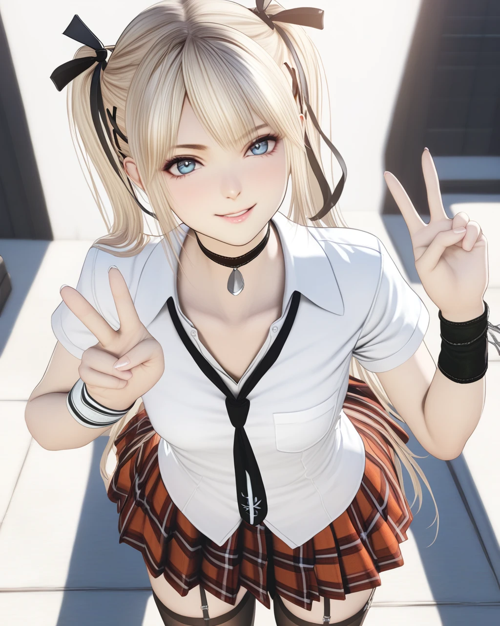 <lora:MarieRose_AnimagineXLV3-000050:0.8> marie rose, 1girl, small breasts,
black choker, white shirt, necktie, plaid skirt, wristband, detached sleeves, black thighhighs, garter straps,
smile, v, hand up,upper body,, masterpiece,best quality,