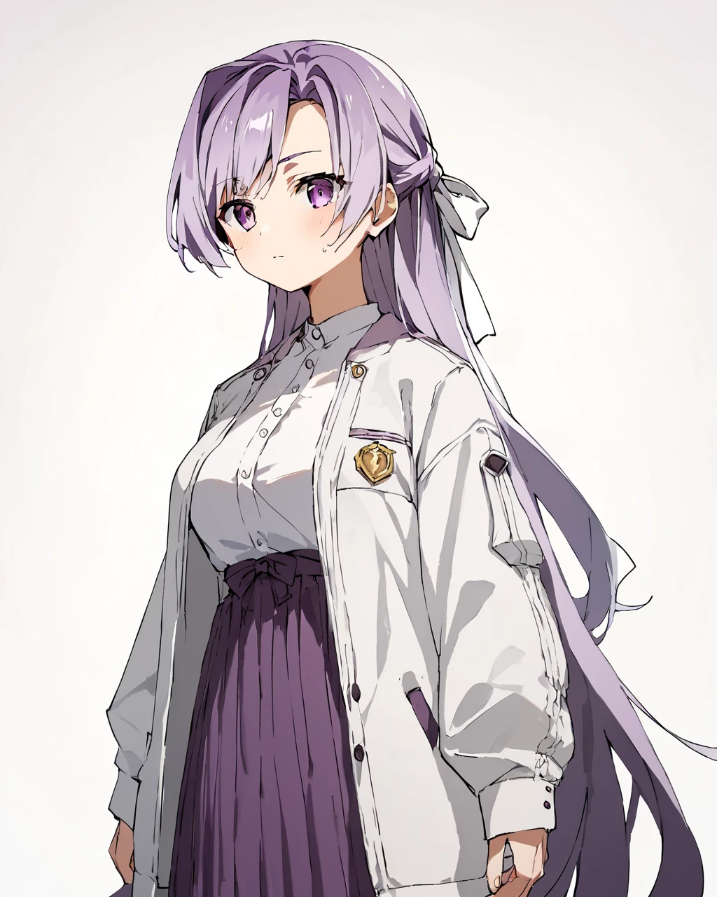 score_9, score_8_up, score_7_up, score_6_up, score_5_up, score_4_up, BREAK source_anime,
<lora:Tenma_Misaki_PONY:1>,1girl, solo, long hair,very long hair ,purple eyes,purple hair, hair intakes, half updo,white ribbon, jacket, sidelocks,white shirt,purple skirt,