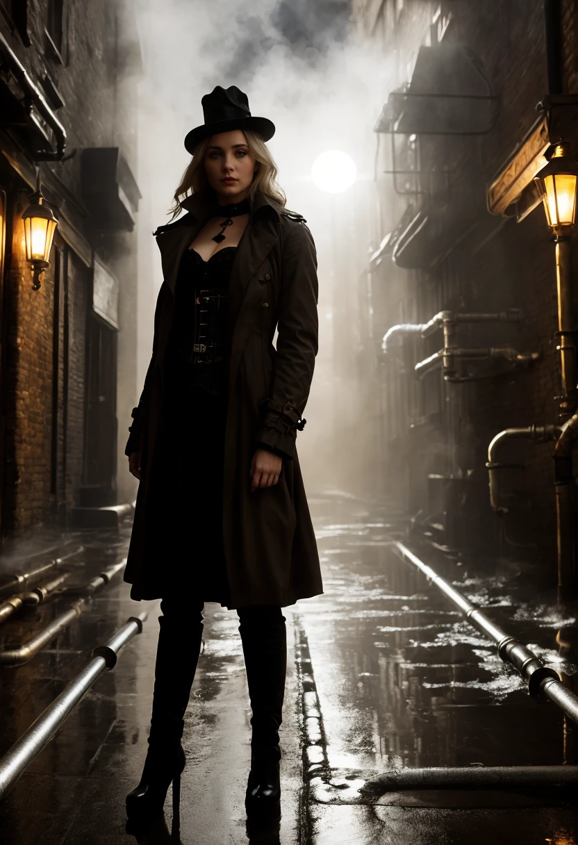 1girl, blonde, smokey eyes, trilby, portrait, under the warm glow of a gas street light, gloomy empty alley, corset and a trench-coat, (pipes and steam everwhere:1.4),cinematic film still, directed by Denis Villeneuve|Zack Snyder, steampunk masterpiece, (victorian style:1.2)