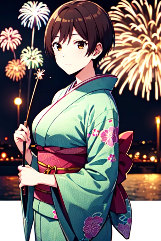 <lora:AguriYukimuraR4:0.7>, AguriYukimuraR4, 1girl, short hair, brown hair, brown eyes, looking at viewer, kimono, fireworks