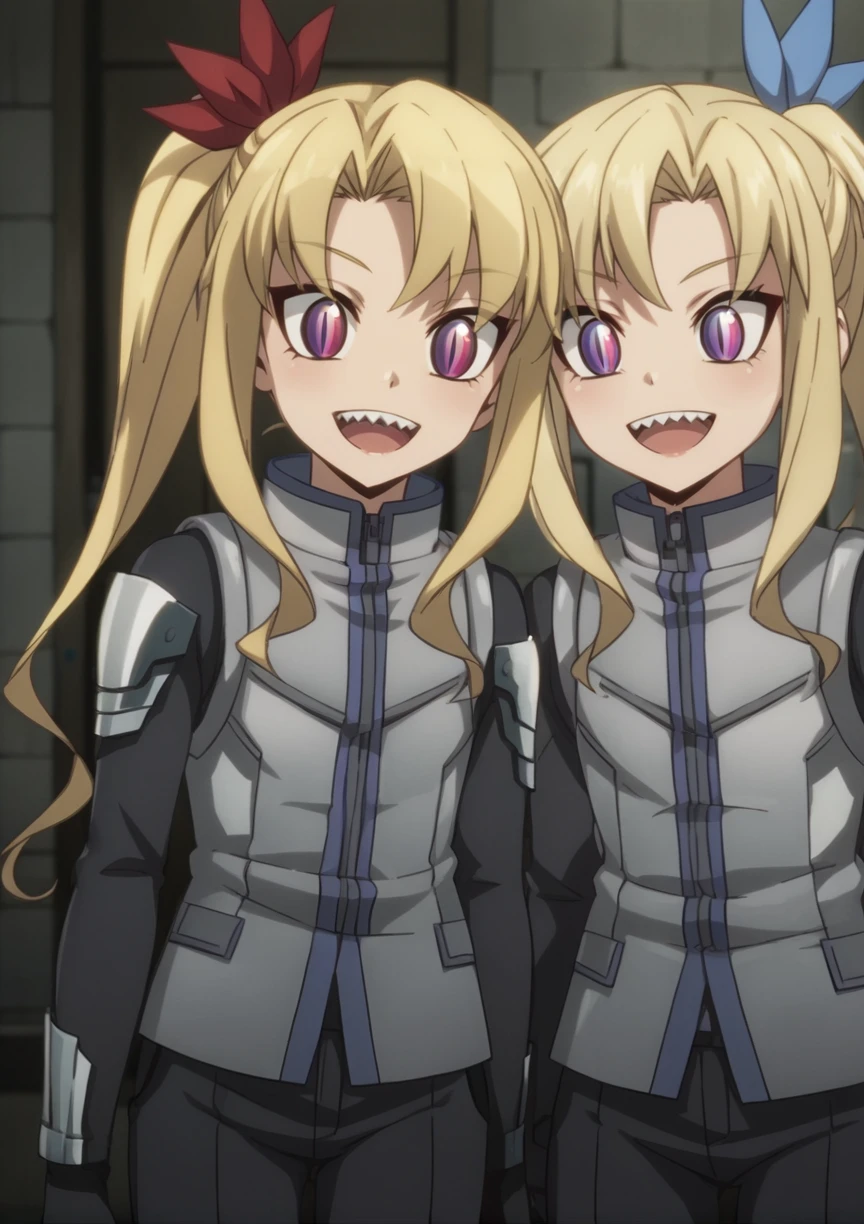 2girls, twins, standing, smile, open mouth, sharp teeth, blonde hair, long hair, side ponytail, hair ribbon, purple eyes, slit pupils, indoors, dungeon <lora:RC Twins 1.5:1>, score_9, score_8_up, score_7_up, score_6_up, score_5_up, score_4_up, BREAK source_anime, masterpiece