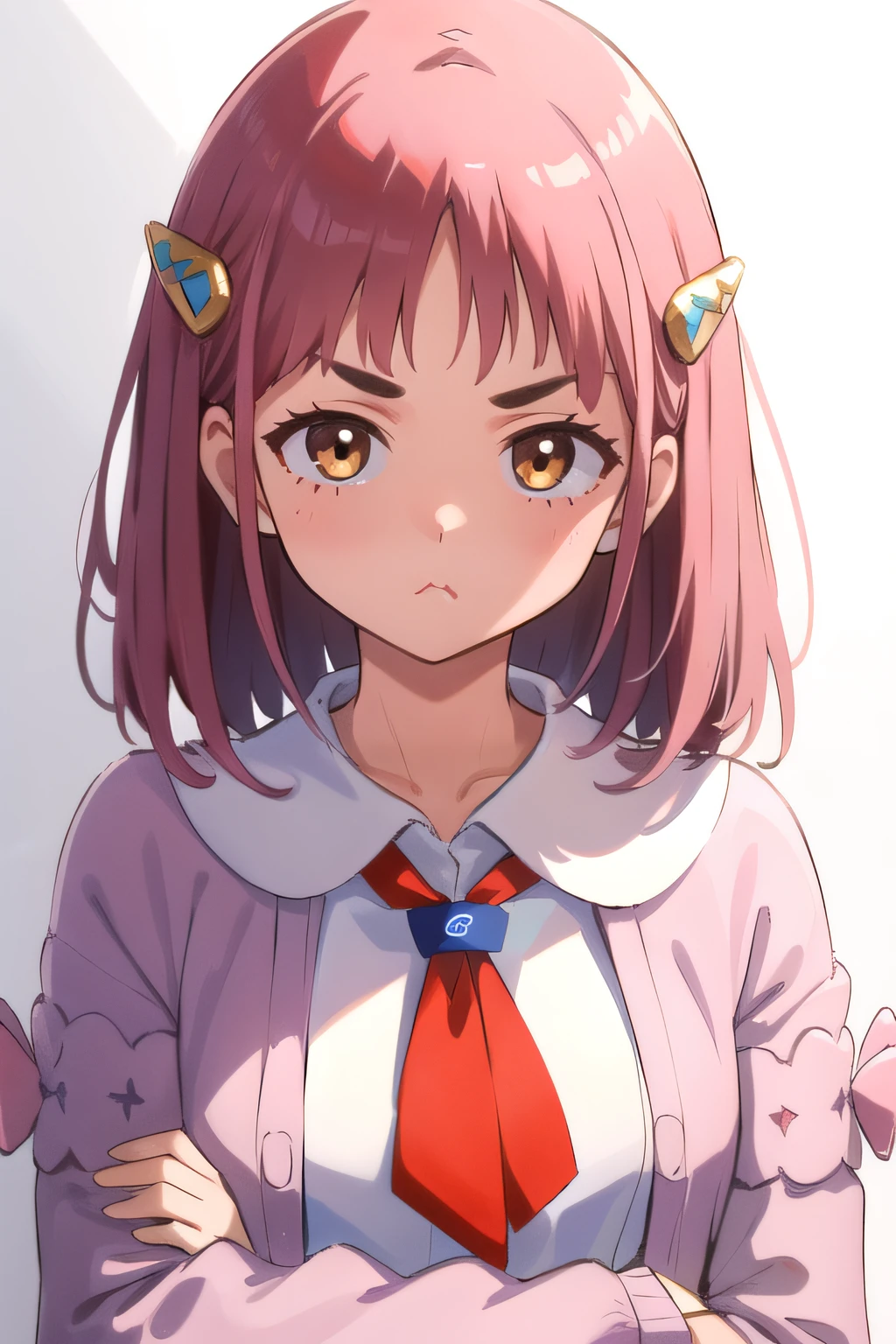 (masterpiece:1.2), best quality, high resolution, unity 8k wallpaper, (illustration), extremely detailed face, perfect lighting, extremely detailed CG, 1girl, solo, <lora:Lacey-10:0.8>, lacey, medium hair, standing, pink coat, neckerchief, white shirt, upper body, arms at sides, white background, simple background, crossed arms, (red glove:1.2), (puffy cheek, pout), looking at viewer