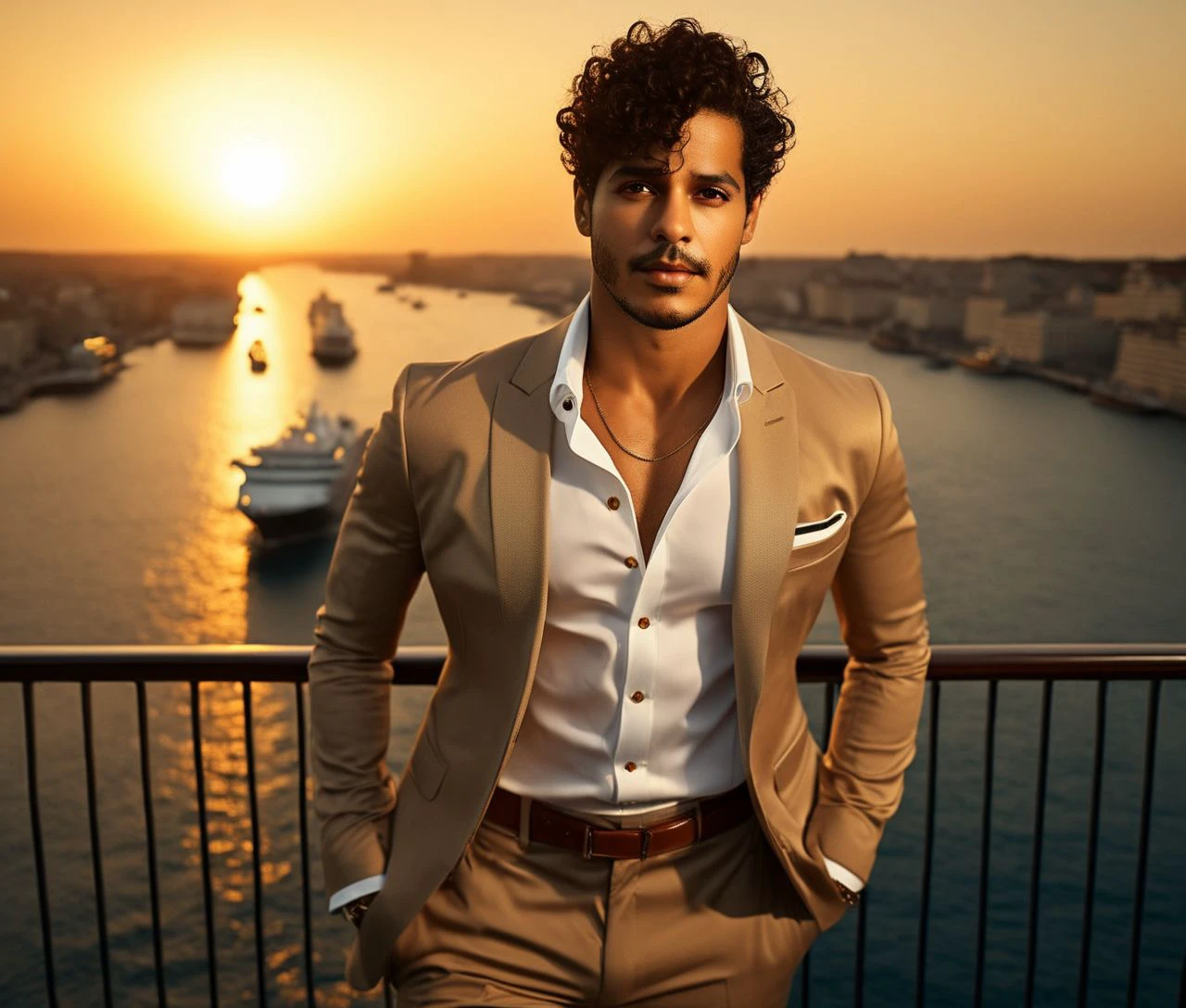 Nautical-themed (Photo:1.3) of (Ultrarealistic:1.3) <lora:Man_Men_FFashion:1> Jacob Vargas a man <lora:ishaan-khatter_Jacob-Vargas:1> in a tan suit standing on a balcony, sun behind him, inspired by Pablo Munoz Gomez, shot at golden hour, editorial photograph, midshot of a hunky, by Roman Bezpalkiv, by Artur Tarnowski, maxim sukharev, by Gabor Szikszai,Highly Detailed,(Mono Color:1.3) . Sea, ocean, ships, maritime, beach, marine life, highly detailed