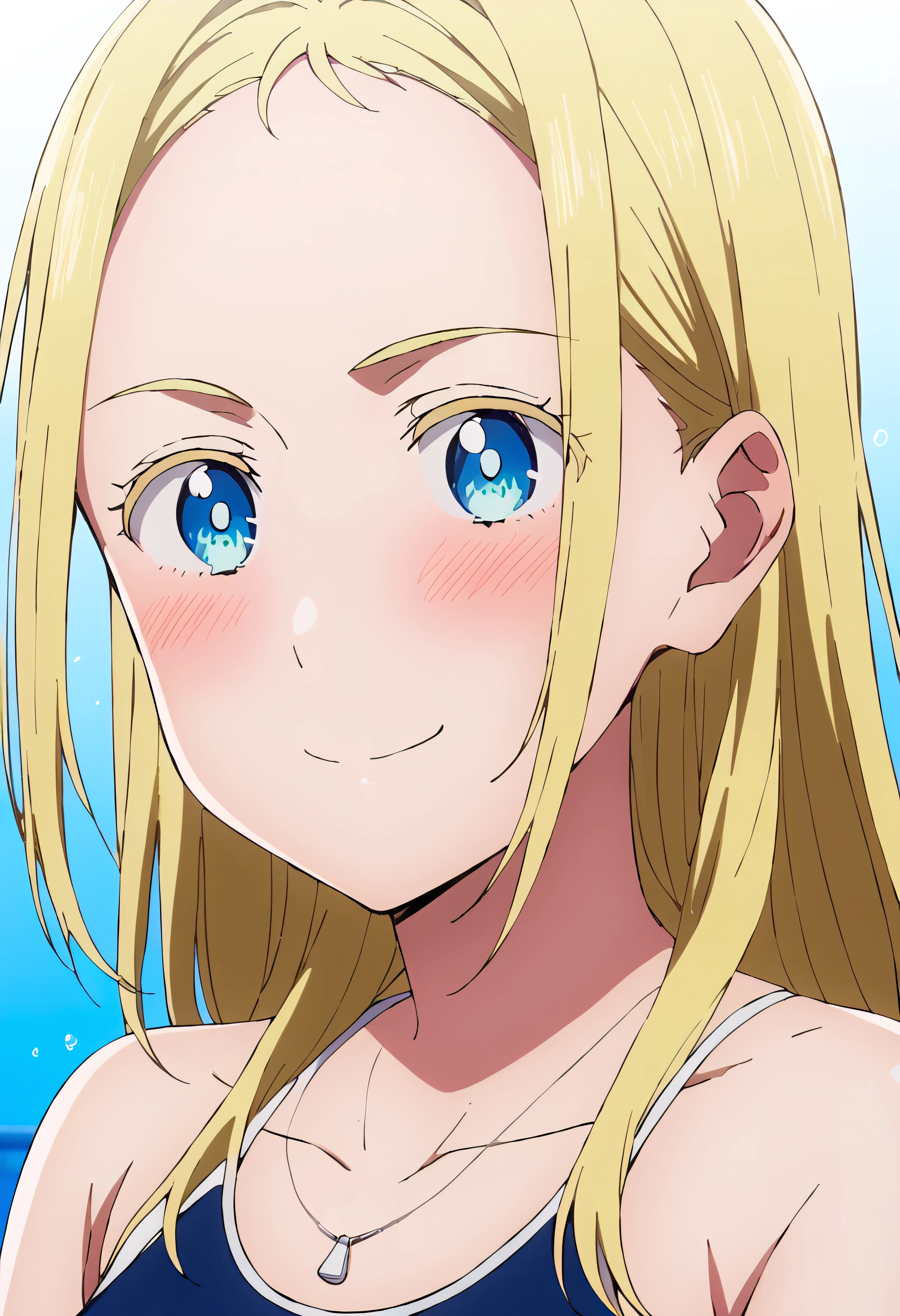 <lora:ushio-000008:1> ushio, 1girl, anime coloring, blonde hair, blue eyes, blush, competition school swimsuit, long hair, smile, solo, swimsuit,