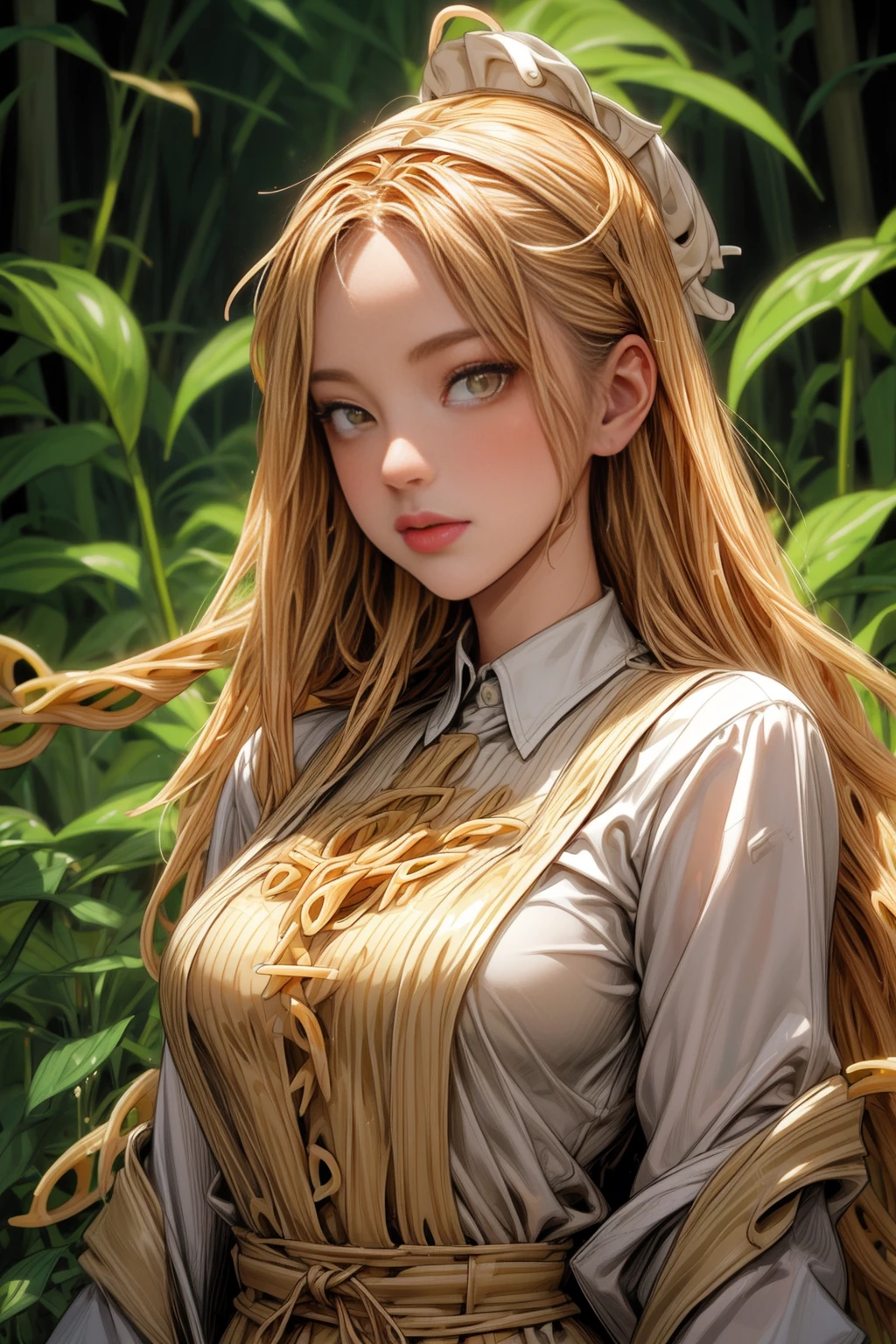 <lora:PastaWorld:0.75> (PastaWorld:1.2) 1woman 20years (sexy clothes:1.2) <lora:more_details:1> (upper body:1.3) in the forest