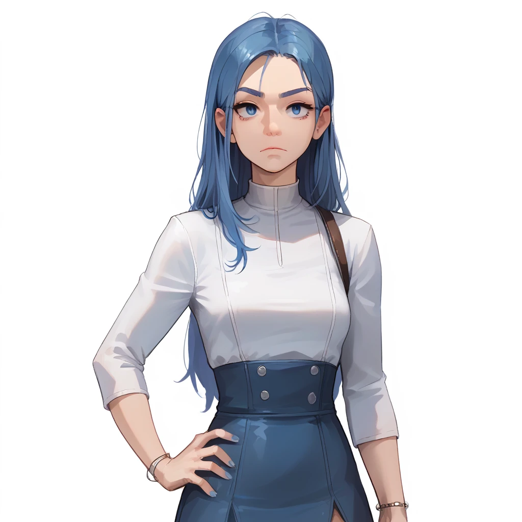 <lora:BakinTalkPony:0.8> ,bakintalk, white background, <lora:BlueGirlPony:0.7> , bluegirl 1girl, long hair, hand on own hip,, score_9, score_8_up,