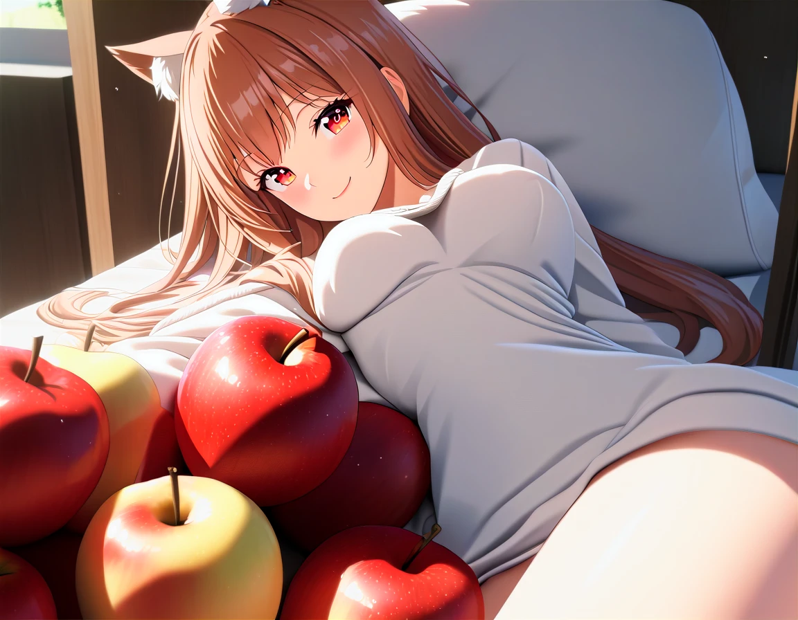 1girl,holo,solo,long hair,animal ears,wolf girl,wolf ears,red eyes,wolf tail,breasts,looking at viewer,brown hair,smile,apple,fruit,detailed eyes,detailed face,raytracing,highly detailed,anime style,absurdres,masterpiece,<lora:Anime_Enhancer_XL:1>,<lora:holo-spaceandwolfXLV1:0.7>,