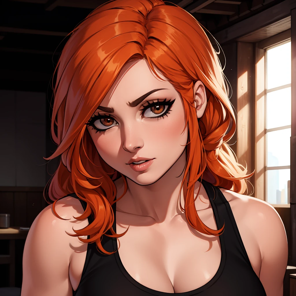 Best_QualityPos, RAW photo, intricate details, best quality, 8k uhd, soft lighting, 1girl, solo, Becky Lynch, long hair, orange hair, brown eyes, black tank top <lora:Becky_Lynch:0.5>  <lora:backlight_slider_v10:-0.6>