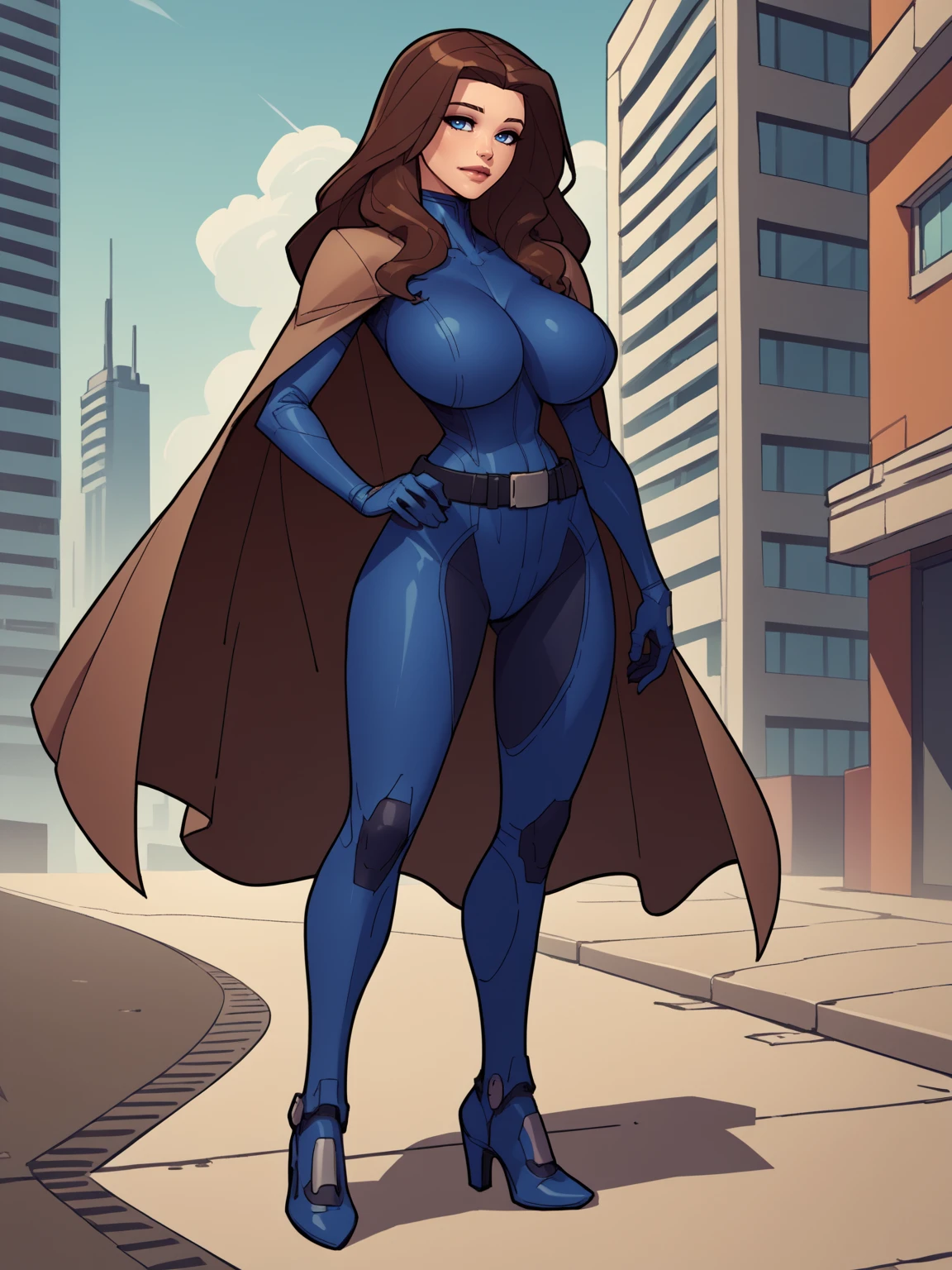 score_9, score_8_up, score_7_up, score_6_up, score_5_up, score_4_up, BREAK, source_cartoon, source_anime,
1girl, ladyjessica, brown hair, long hair, blue eyes, large breasts, black and blue bodysuit, belt, brown cape, lips,
looking at viewer, full body, standing, contrapposto,outdoors, futuristic city   <lora:LadyJessicaXL:1>