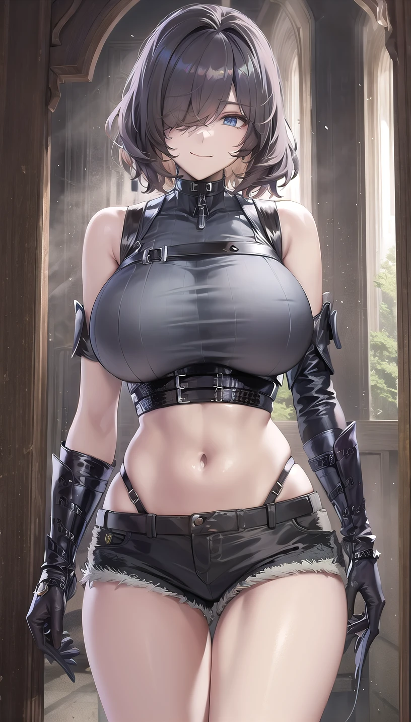 hair over one eye,
denim shorts, elbow gloves, crop top,
smile,closed mouth,
lady,mature female, cowboy shot,
highres,official art,original,masterpiece,best quality,
(huge breasts),
 <lora:Connor:0.61>