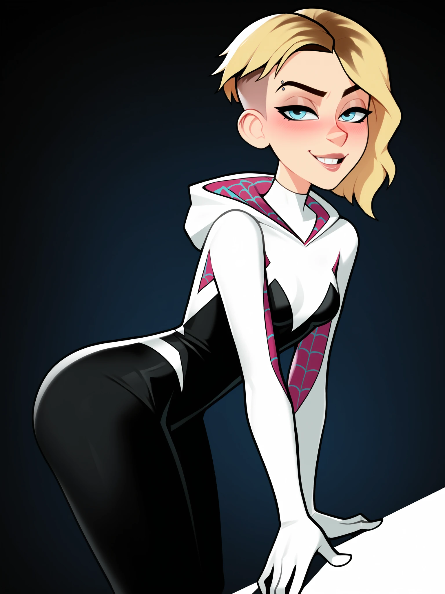 score_9, score_8_up, score_7_up, score_6_up, score_5_up, score_4_up,
BREAK
1girl, gwen stacy, light blue eyes, shaved head, blonde hair, short hair, asymmetrical hair, black eyeliner, seductive smile, smugm, eyebrow piercing, half-closed eyes, blush, adult,
BREAK
solo, standing, leaning forward, arched back, small breasts, bodysuit, spider-gwen, black leggings, skinny,
BREAK
black background, <lora:Lunas-Loodncrood-SDXL-A1:1>