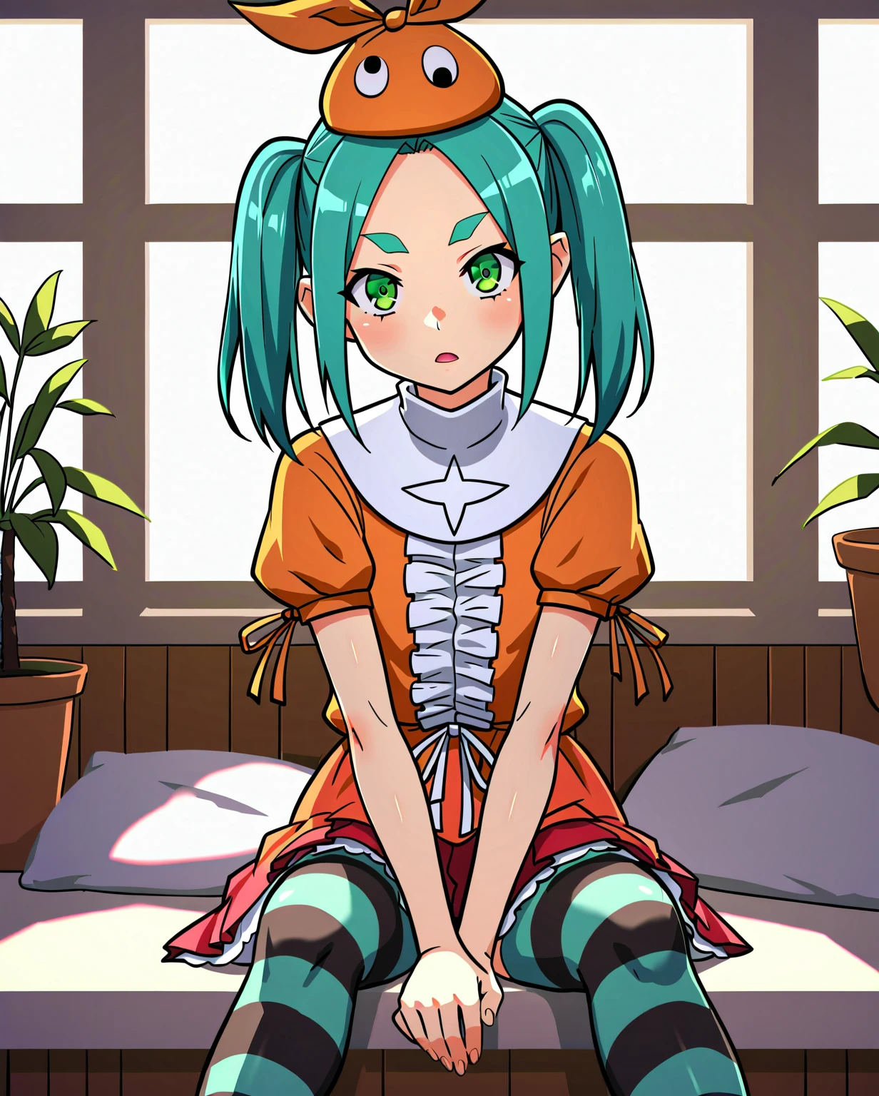 score_8_up, score_7_up, score_6_up, score_5_up, score_4_up, anime screencap, looking at viewer,
<lora:Yotsugi Ononoki (Autism XL)-000009:0.7> ononoki yotsugi, 1girl, solo, highres, twintails, aqua hair, green eyes, thick eyebrows, orange headwear, orange dress, striped thighhighs,
sitting, garden,