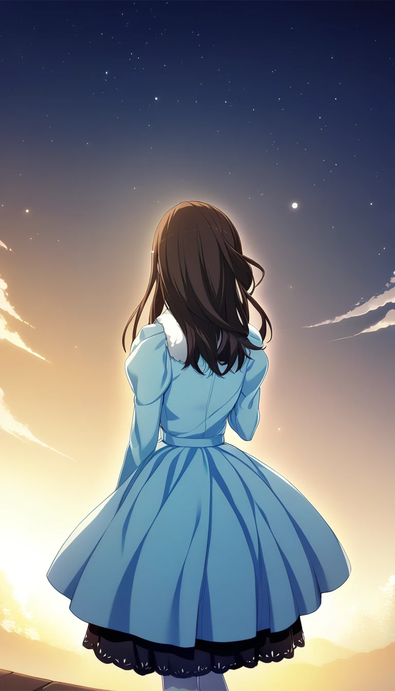 1girl,miki kotori,fur collar blue dress,masterpiece,best quality,solo,game cg,sky,cloud,(illustration:1.2),(extremely fine and beautiful),(perfect details),(unity CG 8K wallpaper:1.05),(ray tracing),(beautiful and clear background:1.25),(depth of field:0.6),(detailed beautiful eyes:1.2),(beautiful face:1.2),<lora:MikiKotoriXL:1>,night_sky,starry_sky,cirrus,path,look up,from back,looking back,