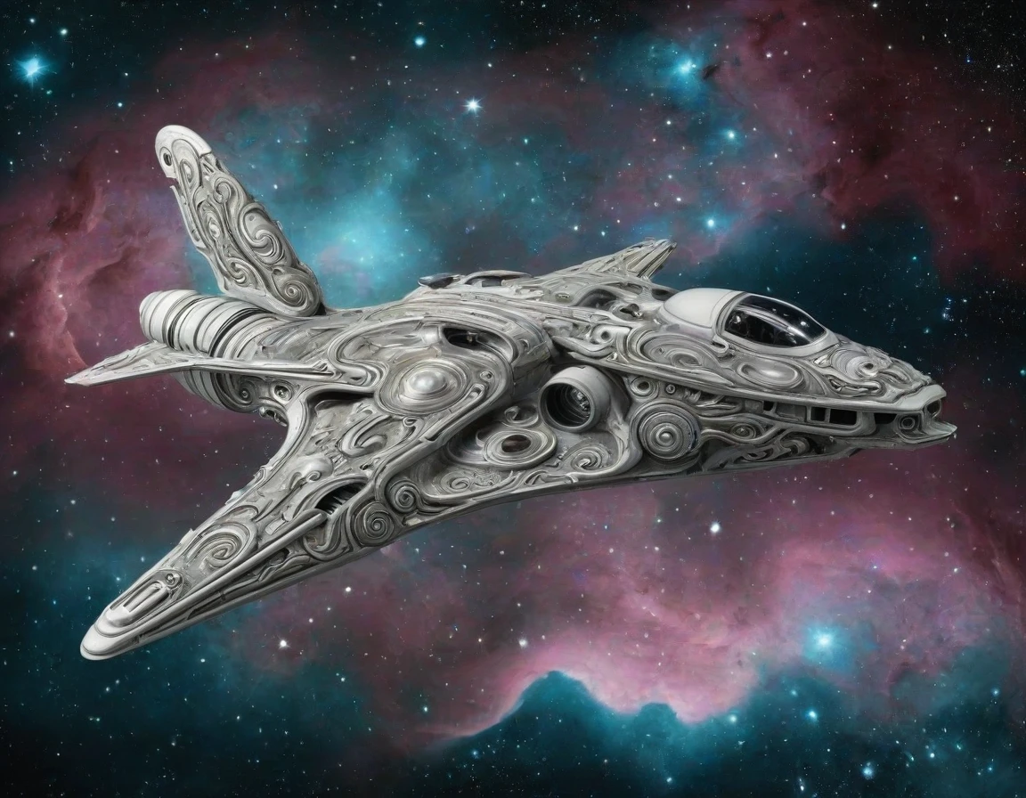 photo of spaceship with ornamental Libellus Novus elements, nebula background, ornate