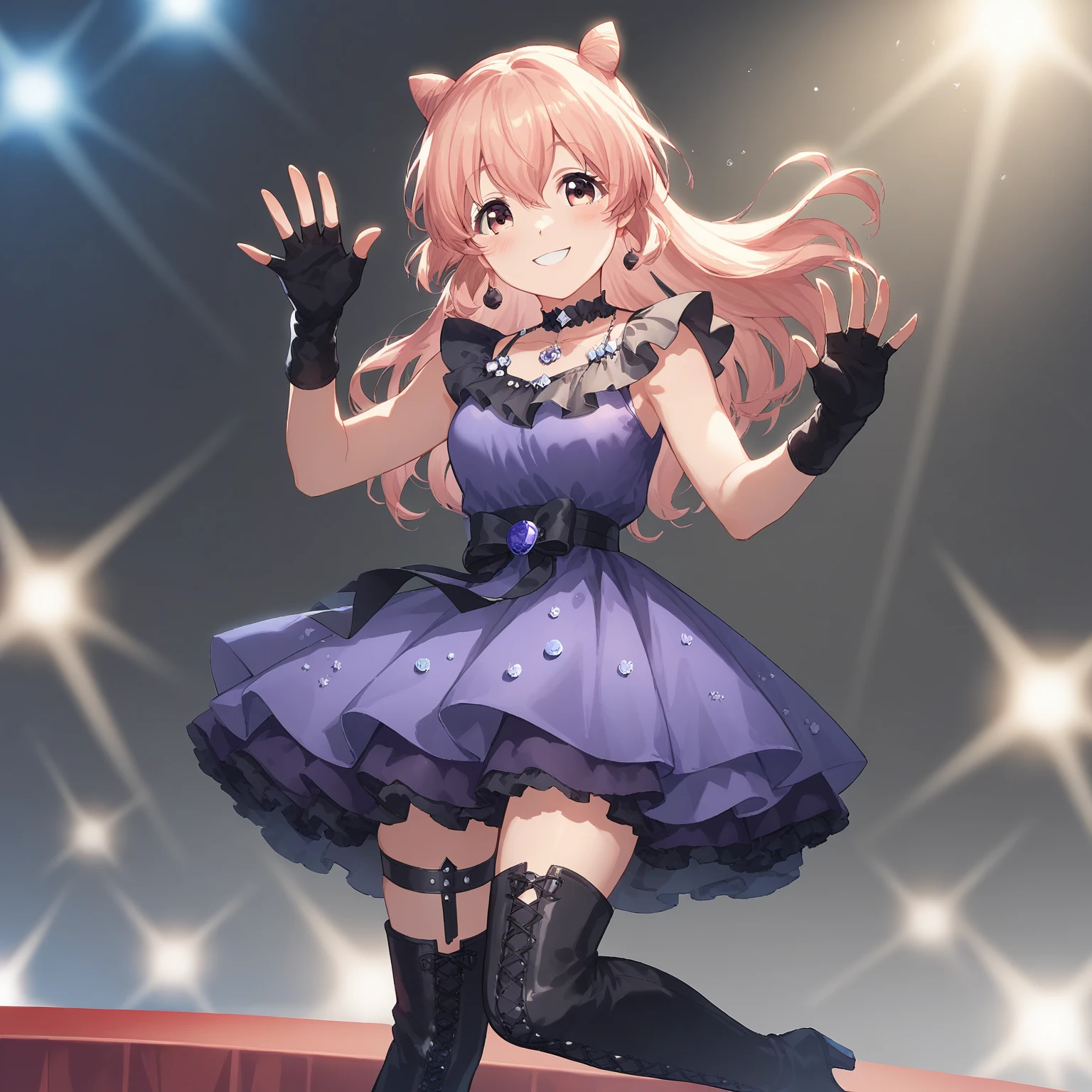 [score_9, score_8_up, score_7_up], source_anime, 1girl, solo, akazaki kokoro, cone hair bun, idol costume, thigh strap, thigh boots, fingerless gloves, waving, looking at viewer, smile, blush, on stage, <lora:Smooth2_Pony:1.0> <lora:kkr_pony:0.64>