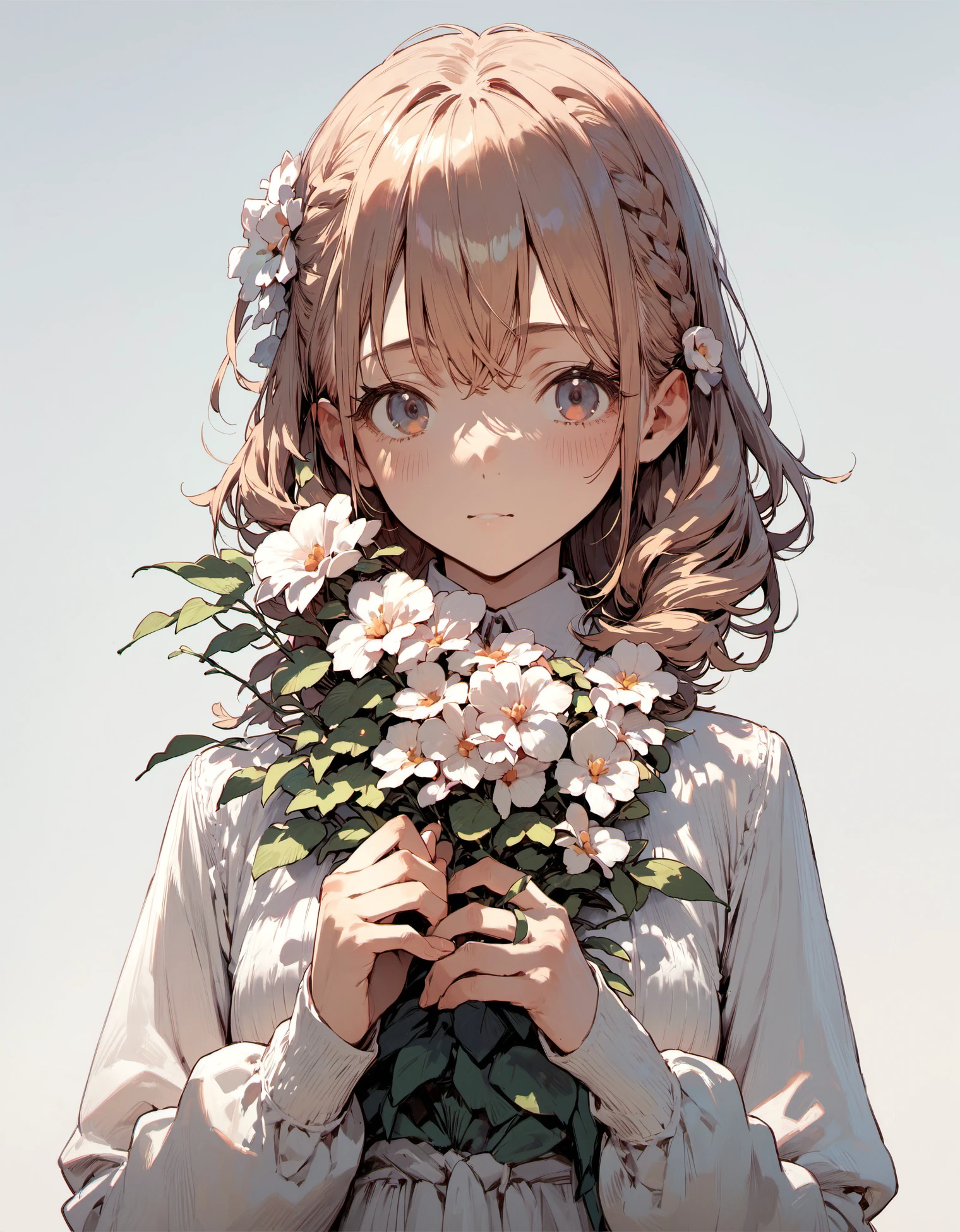 1girl, blush, braid, closed mouth, flower, grey background, hair between eyes, hair ornament, long sleeves, looking at viewer, nail polish, portrait, red eyes, rose, simple background, smile, solo, white flower