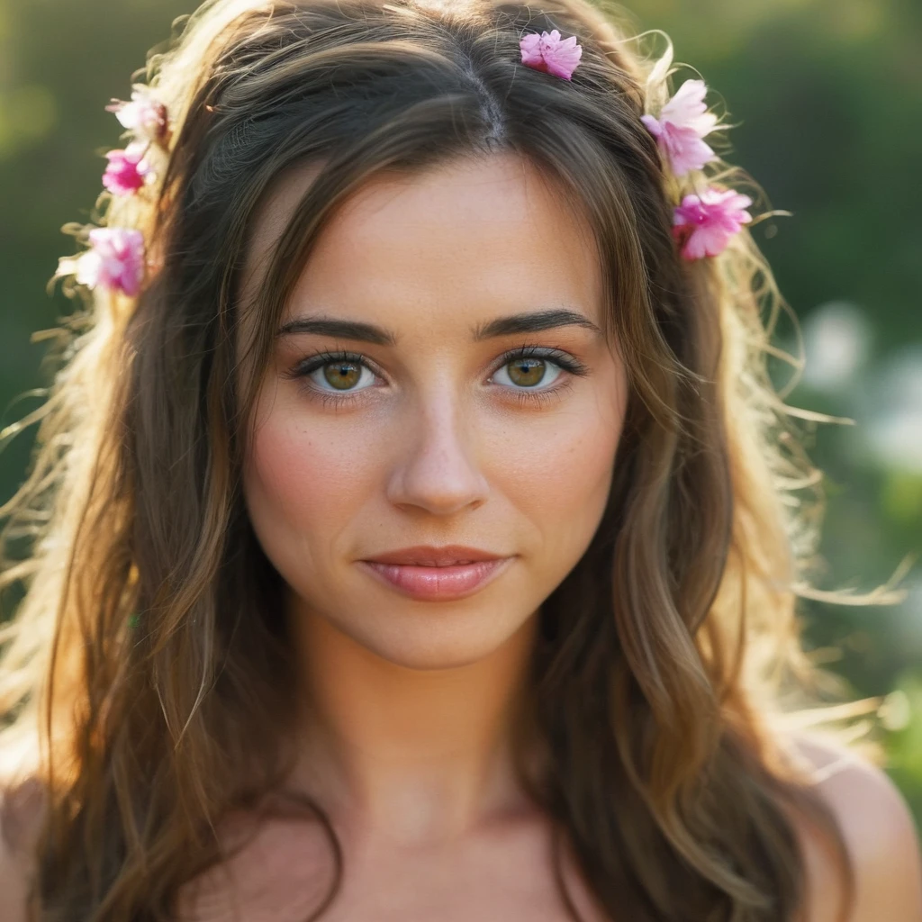 Skin texture, no makeup, Super high res closeup portrait photo of an pretty woman outdoors with long slightly wavy hair, decorative flowers in her hair,f /2.8, Canon, 85mm,cinematic, high quality,looking at the viewer, <lora:licardellini_xl_1_standard_merger_33_62_07_03:1>
