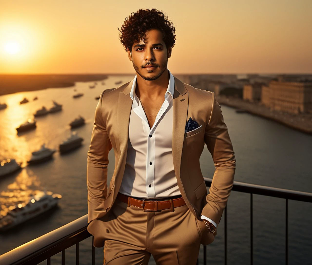 Nautical-themed (Photo:1.3) of (Ultrarealistic:1.3) <lora:Man_Men_FFashion:1> Jacob Vargas a man <lora:ishaan-khatter_Jacob-Vargas:1> in a tan suit standing on a balcony, sun behind him, inspired by Pablo Munoz Gomez, shot at golden hour, editorial photograph, midshot of a hunky, by Roman Bezpalkiv, by Artur Tarnowski, maxim sukharev, by Gabor Szikszai,Highly Detailed,(Mono Color:1.3) . Sea, ocean, ships, maritime, beach, marine life, highly detailed