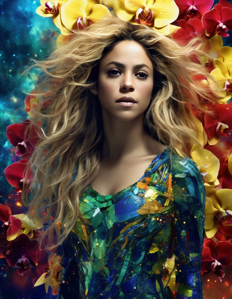 <lora:Shakira:1.0> shkrsblmbrk woman, Orchids,Emeralds , space fragmentation, messy hair, serious, glowing hand, surreal, upper body, dynamic pose, Travel through time and space, Colombian theme, Red and blue and yellow, ultra highres, sharpness texture, High detail RAW Photo, detailed face,