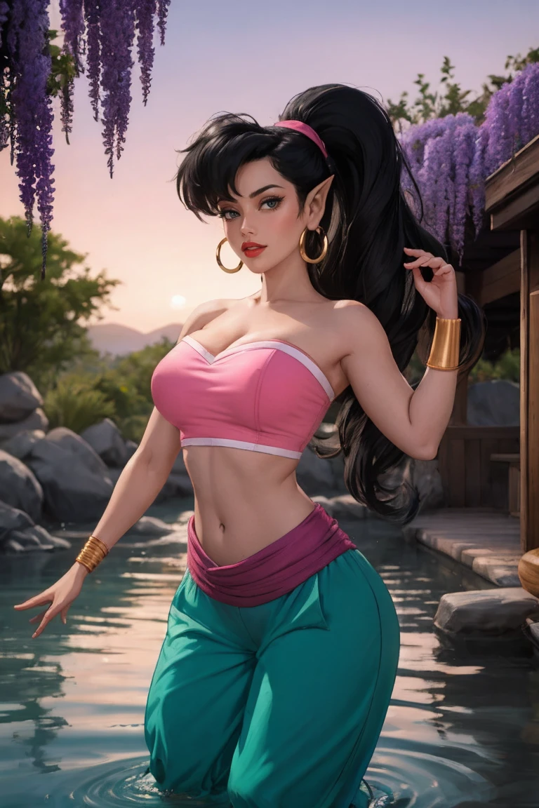 wading,looking at viewer,solo,water, sunset, onsen, wisteria,moody lighting, BREAK, 1girl, solo,
CARTOON_eden_genie_aladdintv_ownwaifu, www.ownwaifu.com,
((green skin)), colored skin, black hair, pointy ears, long hair, ponytail, hoop earrings, breasts, makeup, lipstick, red lips, big hair, very long hair, medium breasts, large breasts, narrow waist, curvy, tall female, high ponytail, hairband, bracelet,
jewelry, earrings, strapless, midriff, navel, bare shoulders, tube top, bandeau, cleavage, baggy pants, see-through, see-through pants, harem pants,
<lora:CARTOON_eden_genie_aladdintv_ownwaifu-10:0.9>