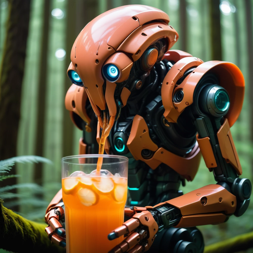 (Photorealistic IMAX STYLE MECHA:[Octopus])Medium shot,  moody lighting, best quality, full body portrait, real picture, intricate details, depth of field, in a forest, fujifilm xt3, vibrant glowing neon peach drink, in the style of a product hero shot in motion, dynamic