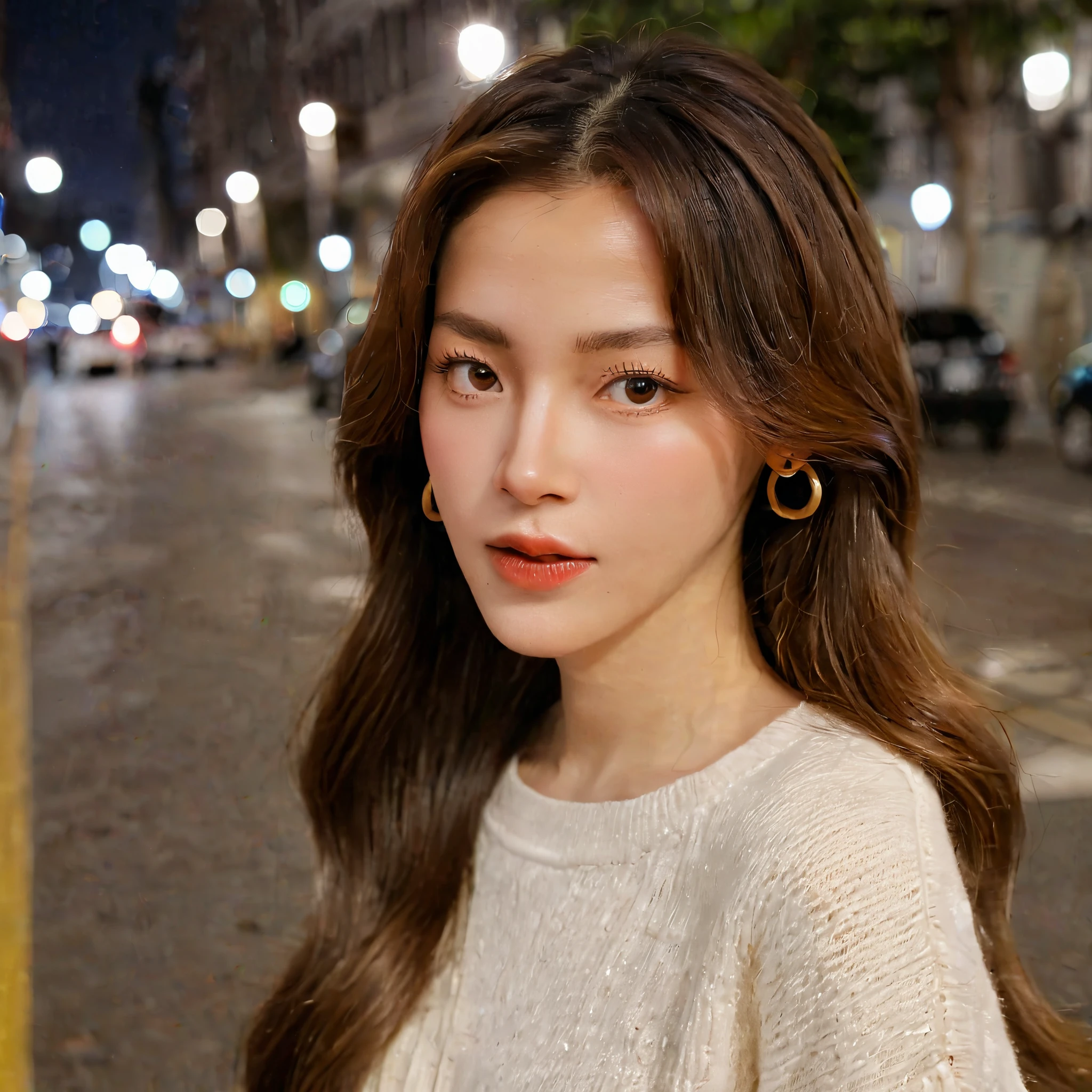 woman,round earrings,long hair,close-up,front view,F/1.8,volumetric lighting,wearing sweater,highly detailed skin,pores,night,city street, <lora:baifern:1>