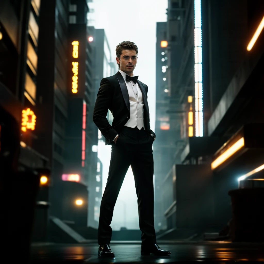 professional photography, portrait of zacefron person, in blade runner, still film, high resolution, 4k, photo by Sacha Goldberger, <lora:zacefron_64800:1>