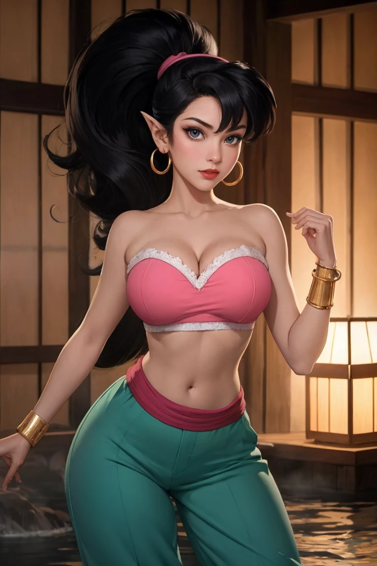 wading,looking at viewer,solo,water, sunset, onsen, wisteria,moody lighting, BREAK, 1girl, solo,
CARTOON_eden_genie_aladdintv_ownwaifu, www.ownwaifu.com,
green skin, colored skin, black hair, pointy ears, long hair, ponytail, hoop earrings, breasts, makeup, lipstick, red lips, big hair, very long hair, medium breasts, large breasts, narrow waist, curvy, tall female, high ponytail, hairband, bracelet,
jewelry, earrings, strapless, midriff, navel, bare shoulders, tube top, bandeau, cleavage, baggy pants,
<lora:CARTOON_eden_genie_aladdintv_ownwaifu-10:0.8>