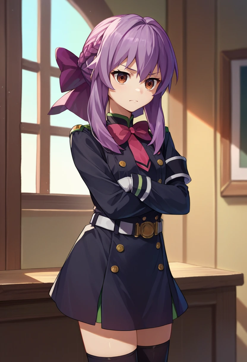 (Masterpiece:1.4), (best quality:1.2), <lora:shinoa_and_yuuichirou_ons-000015:1>, hiiragi shinoa, 1girl, military uniform, skirt, purple hair, hair bow, gloves, long sleeves, thighhighs