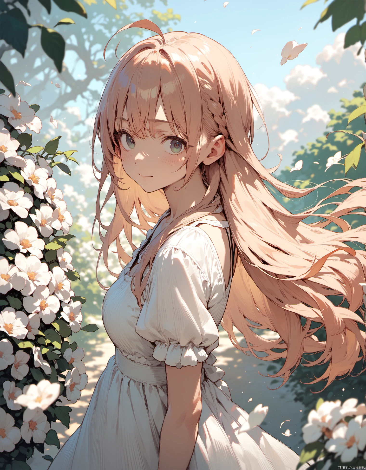 1girl, ahoge, blonde hair, blue eyes, blurry, blurry background, braid, depth of field, dress, hair between eyes, long hair, looking at viewer, outdoors, petals, solo, upper body, white dress