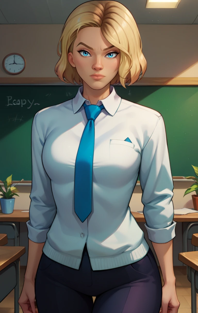 score_9, score_8_up, score_7_up, score_9, BREAK, <lora:GwenstacySDXL:1> GwenstacySDXL, 1girl, solo, looking at viewer, short hair, blue eyes, blonde hair, shirt, closed mouth, white shirt, cowboy shot, necktie, collared shirt, indoors, sweater, lips, blue necktie, animification, chalkboard