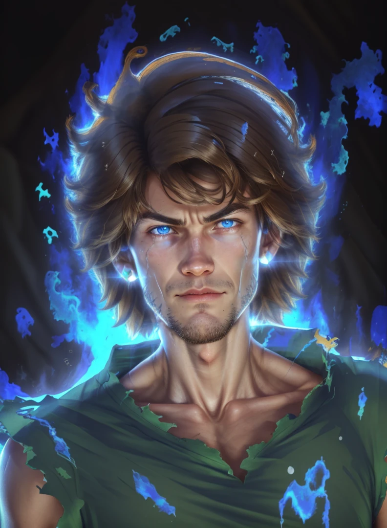 solo, 1boy,close up,face focus,portrait, brown hair, shirt,5% power level,ultra instinct mode,blue flame aura around body, glowing blue energy eyes,<lora:Shaggy_RogersSD:1>