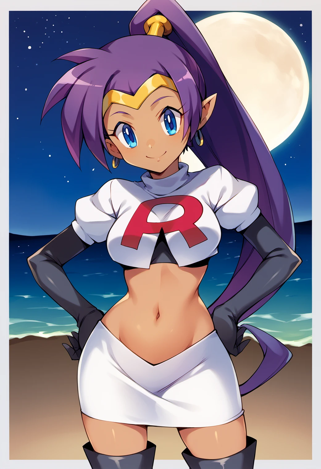 score_9, score_8_up, score_7_up, score_6_up, rating_questionable, source_anime, <lora:Yabuki Kentarou_XL_PONY:0.9>
BREAK
shantae, purple hair, ponytail, blue eyes, dark skin, [long eyelashes], (evil smile), 1girl, solo, cowboy shot, breasts, hands on own hips, 
<lora:TeamRocketUniform-pony:1> team rocket uniform, white jacket, white skirt, black thigh boots, black elbow gloves, midriff, red "R"
BREAK
night sky, star \(sky\), full moon, ocean