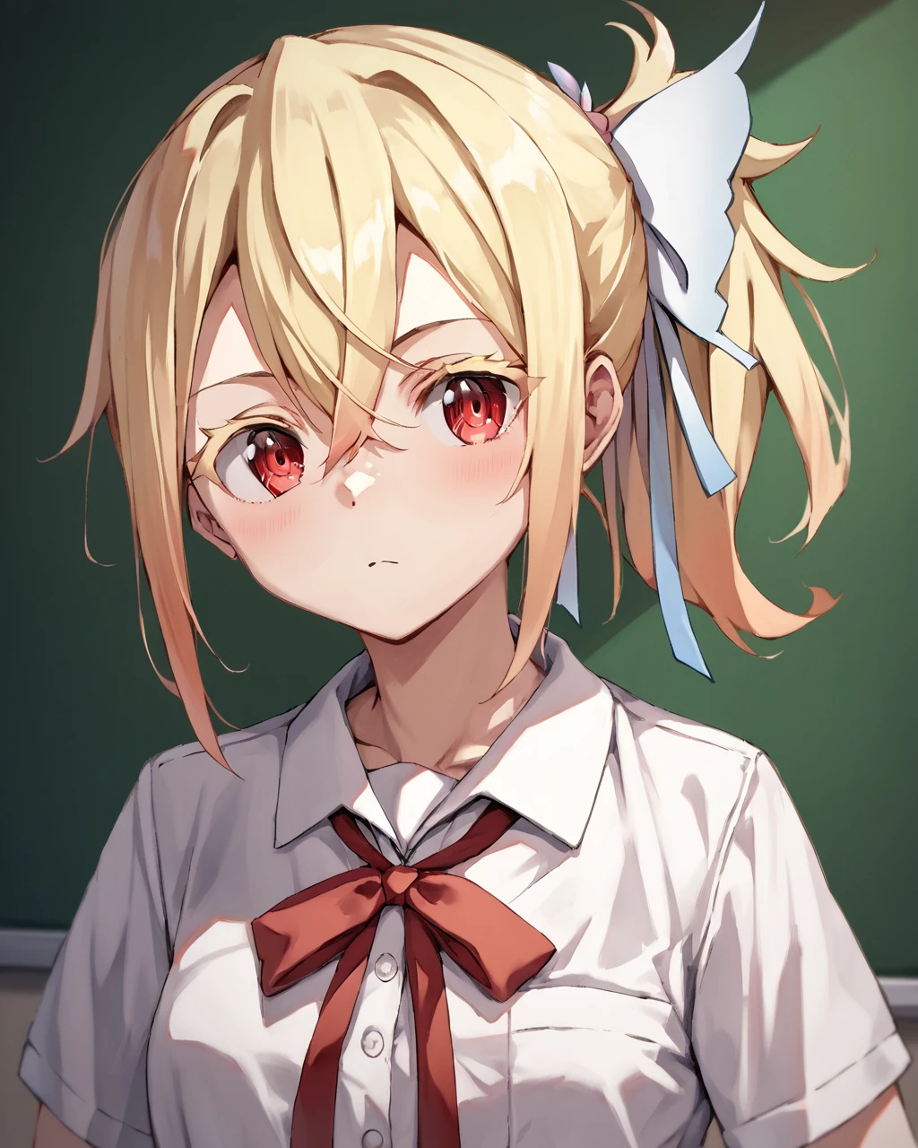 score_9, score_8_up, score_7_up, score_6_up, score_5_up, score_4_up, BREAK source_anime,
<lora:Fuyou_Yuuna_PONY:1>,1girl, solo, blonde hair, side ponytail,hair ornament,red eyes,thick eyelashes, hair between eyes,hair ribbon,school uniform,white shirt, red ribbon, neck ribbon,white ribbon,