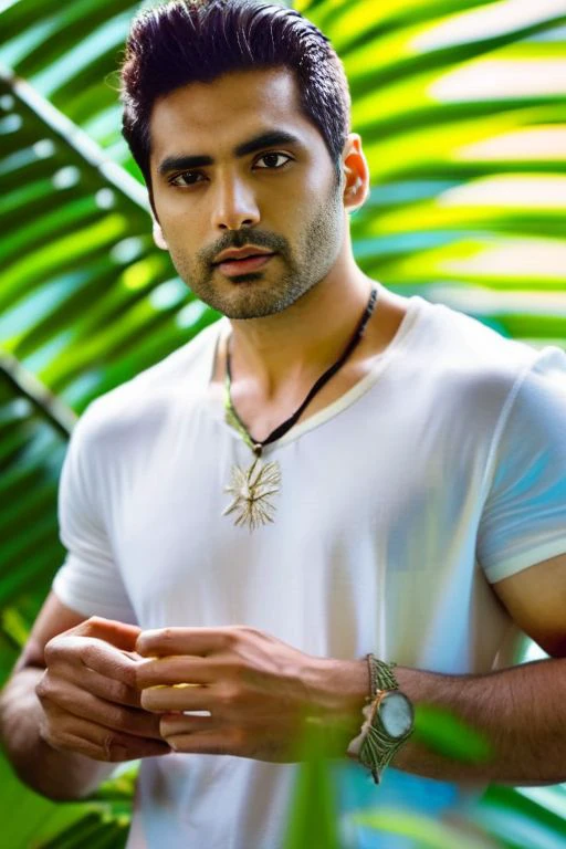 realist, Masterpiece, intricate details, detailed background, depth of field, handsome man, sexy, altheletic body, fair skin, wearing jewellery, wearing dhoti, standing in water, 4k