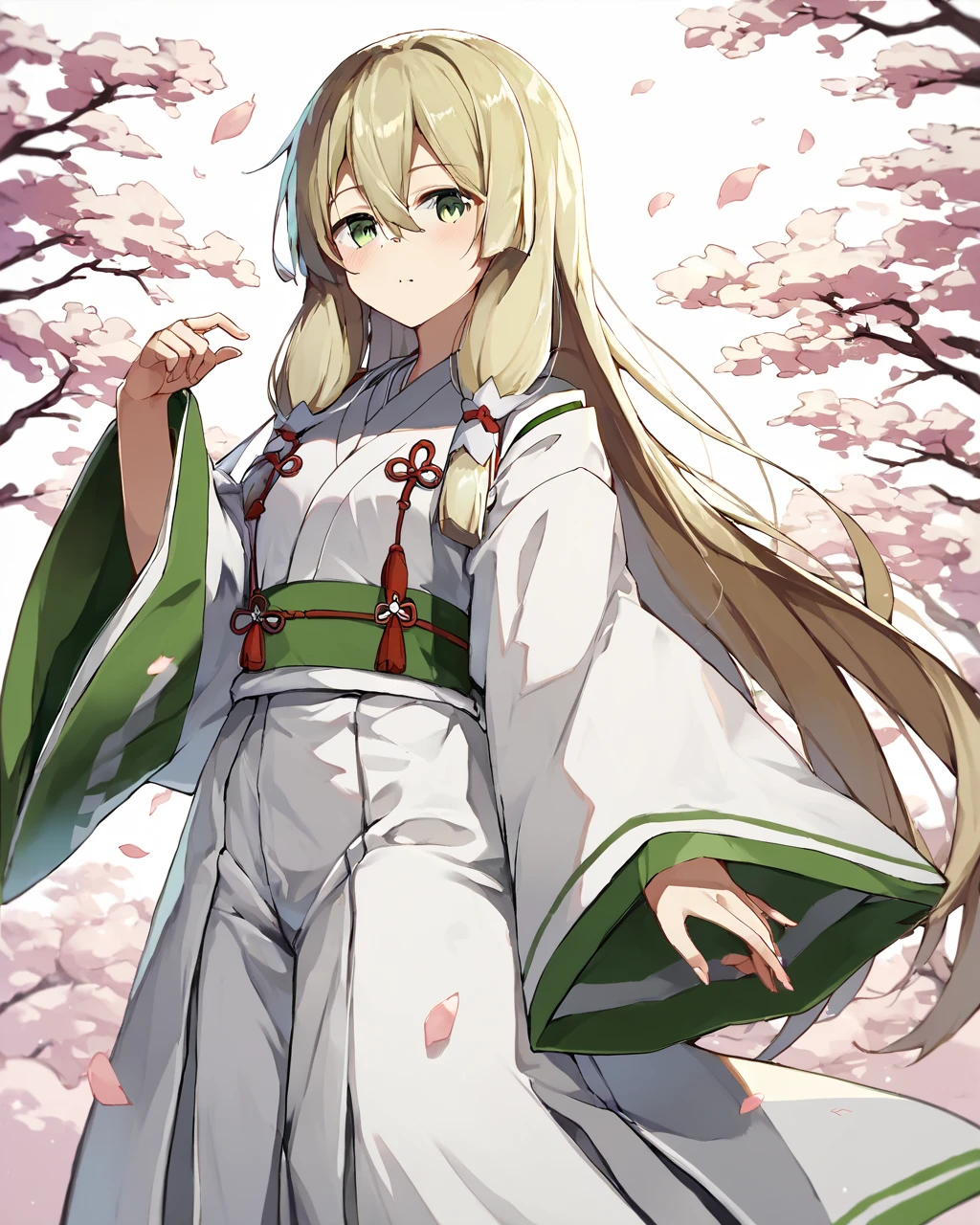 score_9, score_8_up, score_7_up, score_6_up, score_5_up, score_4_up, BREAK source_anime,
<lora:Kokudo_Aya_PONY:1>,1girl, solo,green eyes,blond hair,very long hair,sidelocks,hair tubes,hair between eyes,long sleeves, japanese clothes,wide sleeves, kimono, sleeves past wrists,White hakama,miko,green stripes,