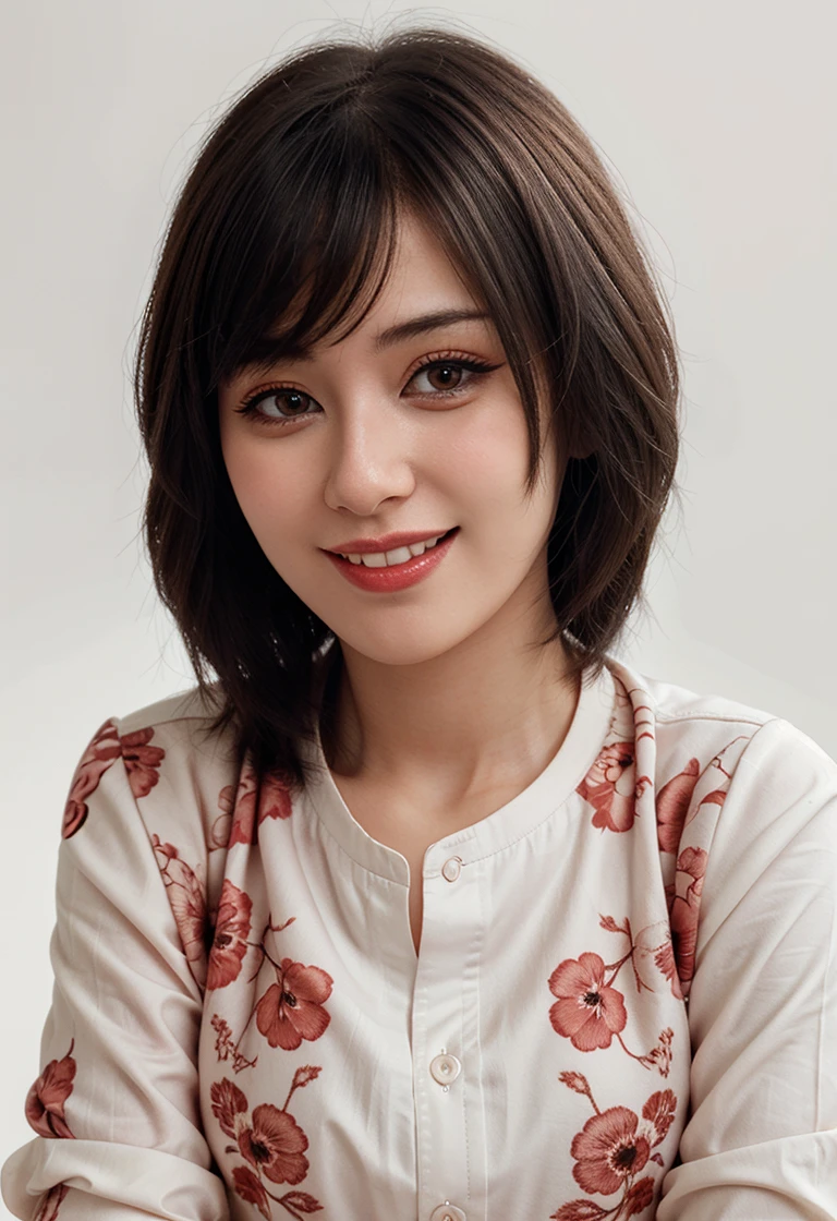 1girl, lariroche, flowered design shirt, flower print, long sleeves, white background, simple background, portrait, upper body, makeup, eyeliner, grin, smile,