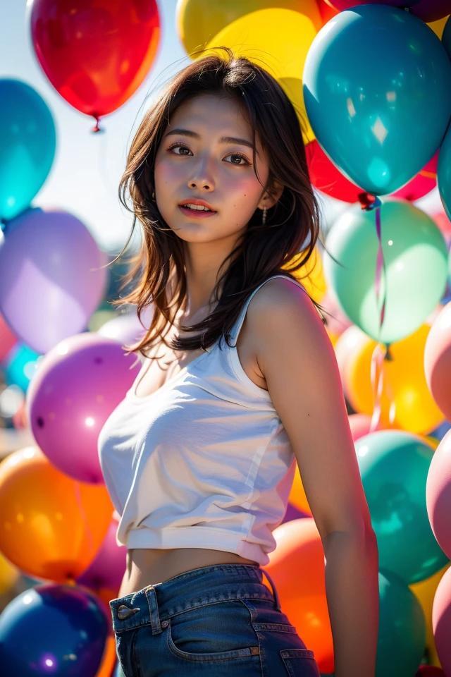 A 28-year-old girl,surrounded by a backdrop of colorful balloons,joyful and celebratory atmosphere,vibrant and diverse colors,dynamic pose,sunny day,cheerful and lively mood,
best quality,masterpiece,illustration,an extremely delicate and beautiful,CG,unity,8k wallpaper,Amazing,finely detail,masterpiece,official art,extremely detailed CG unity 8k wallpaper,incredibly absurdres,huge filesize,ultra-detailed,highres,extremely detailed,beautiful detailed girl,realistic,light contrast,<lora:Colorful Balloons_20240314122920:0.8>,