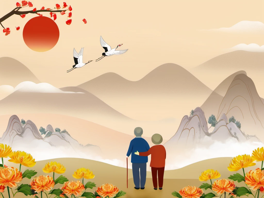 ChongYang Photography, a young lady and an old couple standing in the field, looking at hills in the distant, chrysanthemums, ginkgo branches on the top right, red sun, 2cranes, best quality, high quality, masterpiece, 8K UHD, highly detailed, ultra detailed <lora:ChongYang_v1.0:0.8>