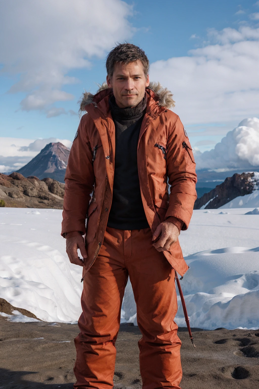<lora:nicolajcoster:0.9> nicolajcoster a man wearing Parka and snow pants , volcanic landscape