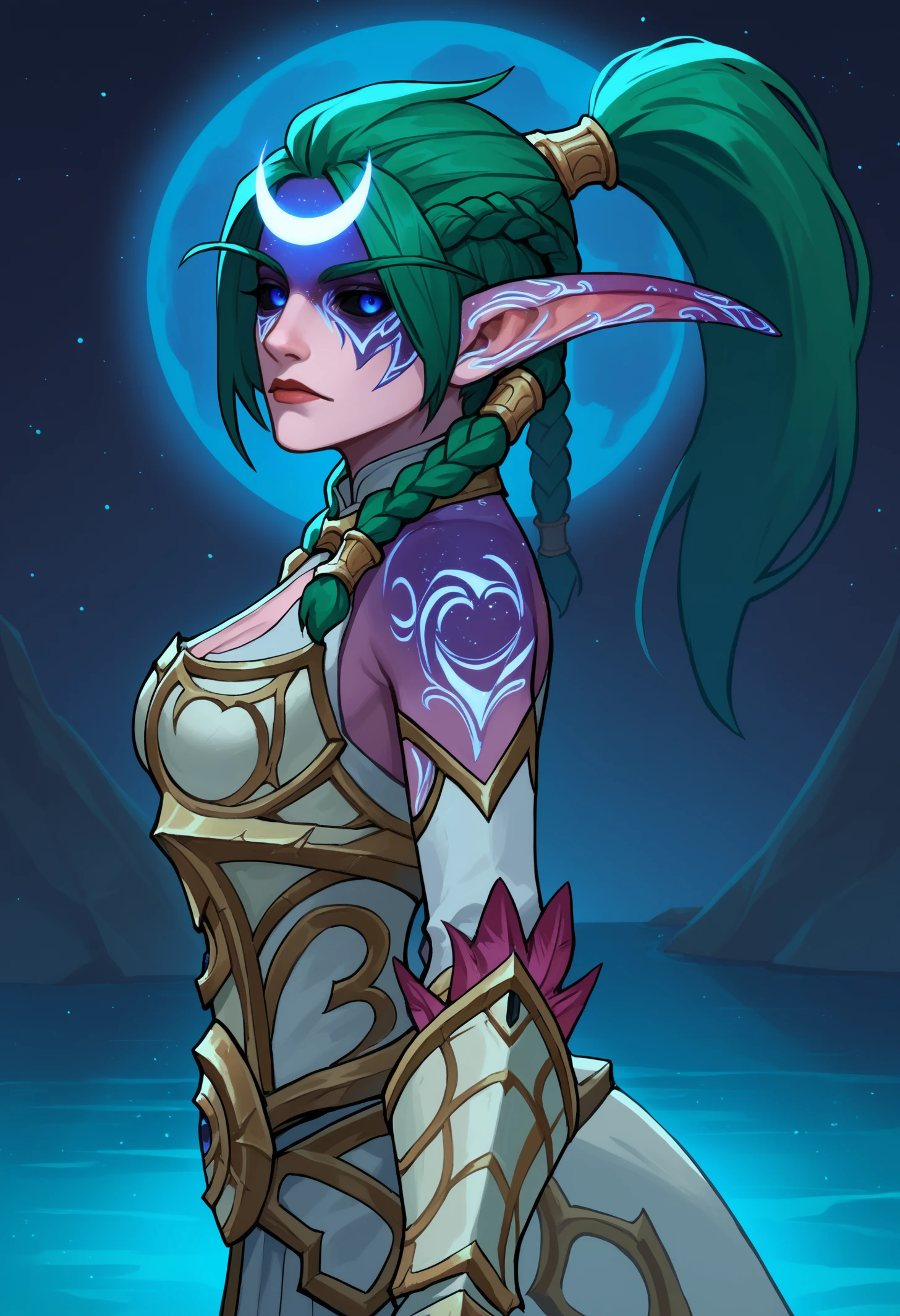 score_9, score_8_up, score_7_up, BREAK 1girl, solo, glowing markings, glowing ears, glowing body, crescent hair ornament, TyrN, colored skin, facial mark, pointy ears, elf, green hair, short hair, ponytail, twin braids, braided hair, blue eyes, black sclera, medium breasts, TNArm, halterneck, cleavage cutout, armored dress, vambraces, feathers, detached sleeves, <lora:TyrandePDXL_V1-Manityro-adamw:1.0>, outdoors, water, starry sky, night sky, dark moon, eclipse, looking at viewer, side view, portrait,