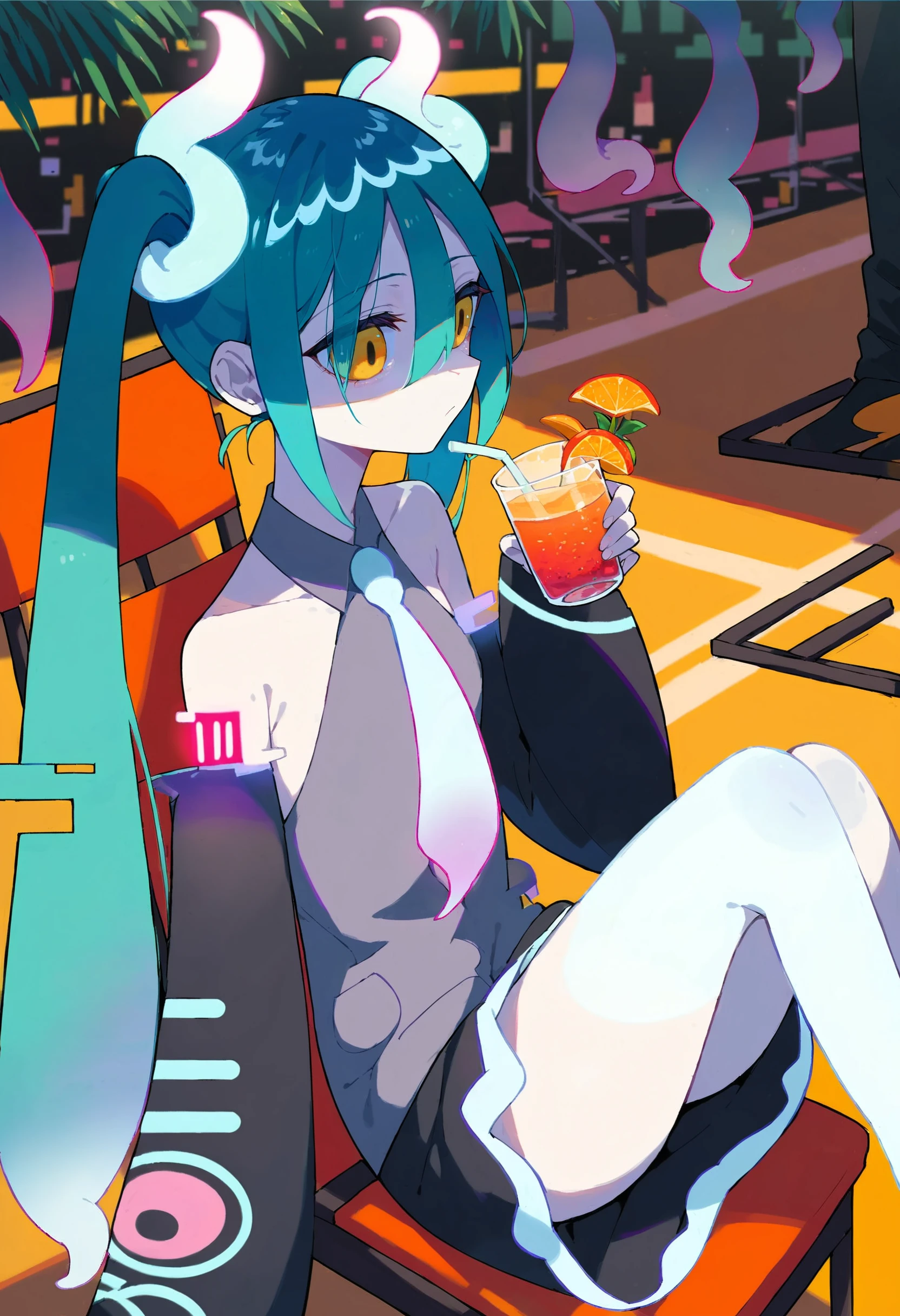 Rebecca, 1girl, mature woman, (fully naked, completely naked):1.2, flat breast, futuristic cyberpunk, lewd smile, black cropped jacket, sneaker, (twin tail, hairband, colored sclera, red sclera, long hair, green pupils, fang, red eyes), sitting, hold a beer, spread legs, cowboy shot