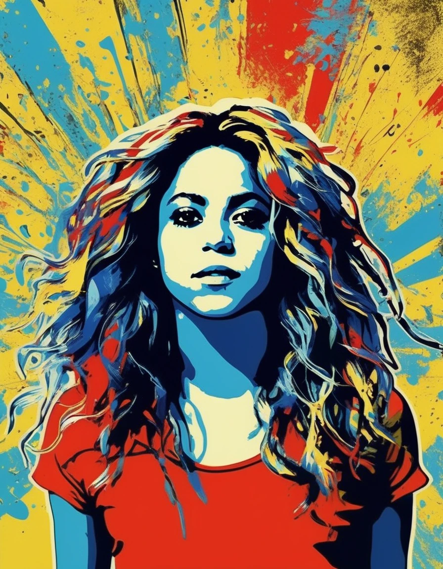 ((shkrsblmbrk woman)) ,an illustration of a woman on a grunge background, in the style of bo chen, bold graphic comic book art, Red and Yellow and Blue, raymond leech, 32k uhd, ai weiwei, bold posters <lora:Shakira:1.0>